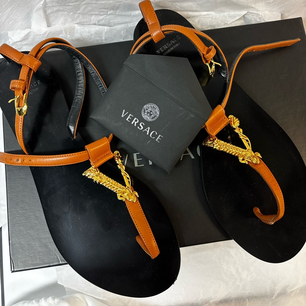 Versace Black and Brown Sandals with Gold Accents
